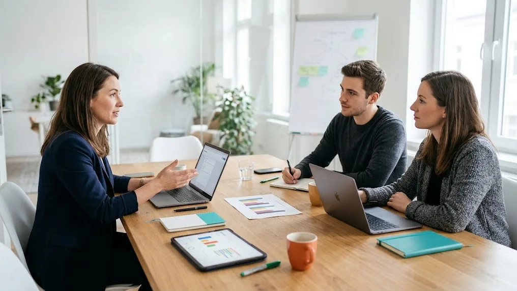 Responsable de marketing de una empresa y especialistas de una agencia de performance comparan en una mesa de trabajo cómo repartir las tareas