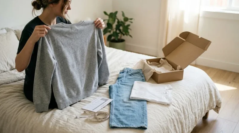Mujer abre en casa un paquete con ropa urbana comprada online, con un buzo gris, un jean ancho y una remera blanca sobre la cama
