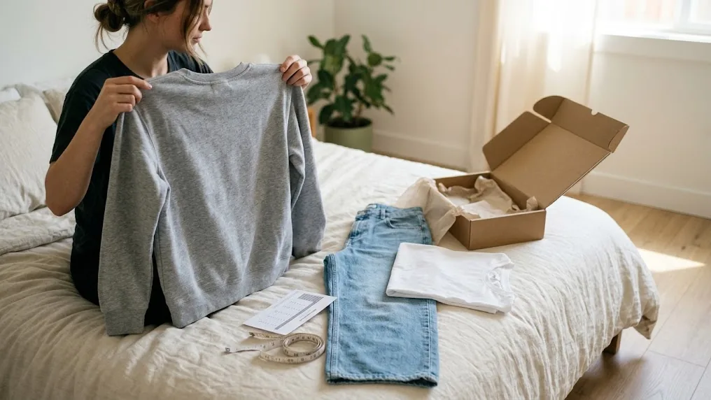Mujer abre en casa un paquete con ropa urbana comprada online, con un buzo gris, un jean ancho y una remera blanca sobre la cama