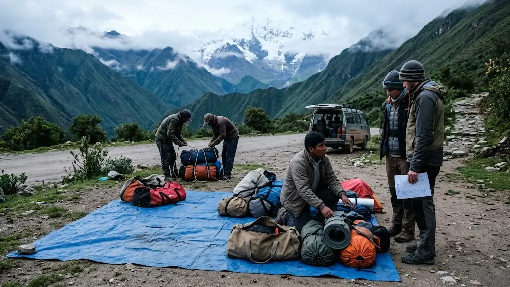 Guía local y porteadores revisan el equipo de acampada con un grupo de viajeros antes de salir a una travesía de trekking en los Andes peruanos
