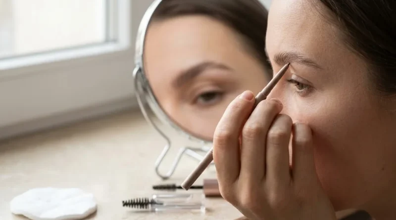 Mano definiendo cejas de forma natural con un lápiz mecánico de punta fina frente a un espejo, con un cepillo de carrete sobre el tocador
