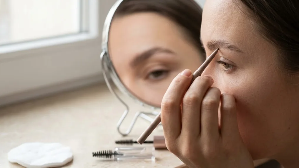 Mano definiendo cejas de forma natural con un lápiz mecánico de punta fina frente a un espejo, con un cepillo de carrete sobre el tocador