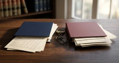 Dos carpetas de documentos financieros sobre una mesa de reuniones, una frente a otra, para ilustrar las diferencias entre CRS y FATCA