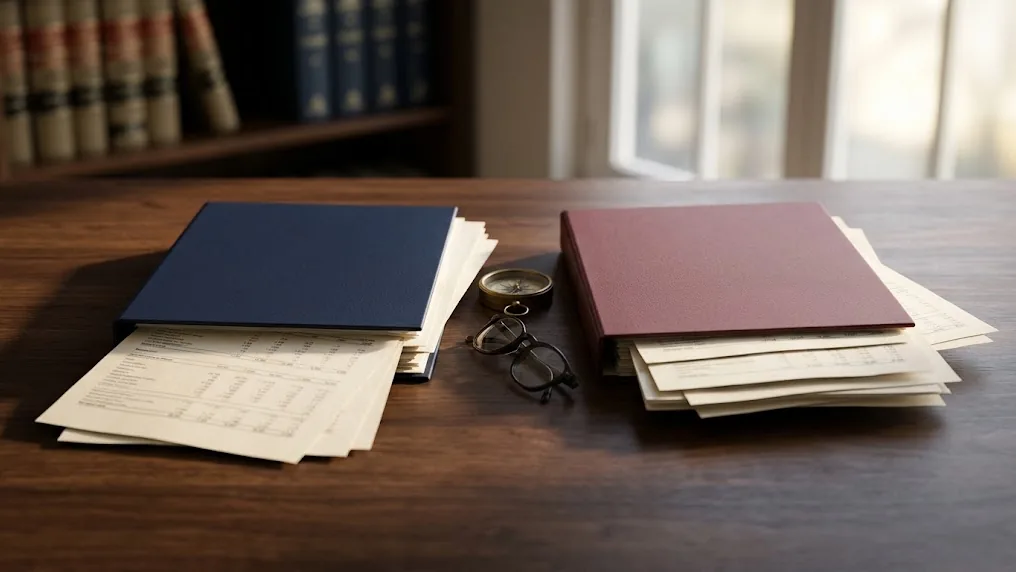 Dos carpetas de documentos financieros sobre una mesa de reuniones, una frente a otra, para ilustrar las diferencias entre CRS y FATCA