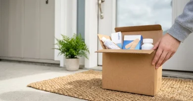 Envío gratis en Farmashop: caja de cartón sin marca con productos de farmacia sobre un felpudo frente a la puerta de una casa luminosa