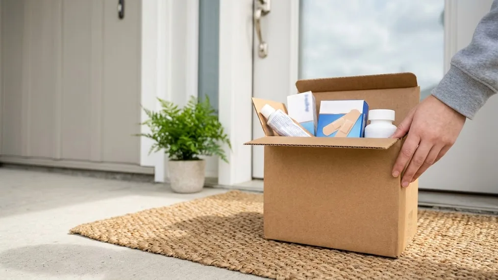 Envío gratis en Farmashop: caja de cartón sin marca con productos de farmacia sobre un felpudo frente a la puerta de una casa luminosa