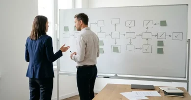 Socios de una empresa uruguaya planifican en una pizarra los pasos legales y contables para expandir una empresa uruguaya a la región