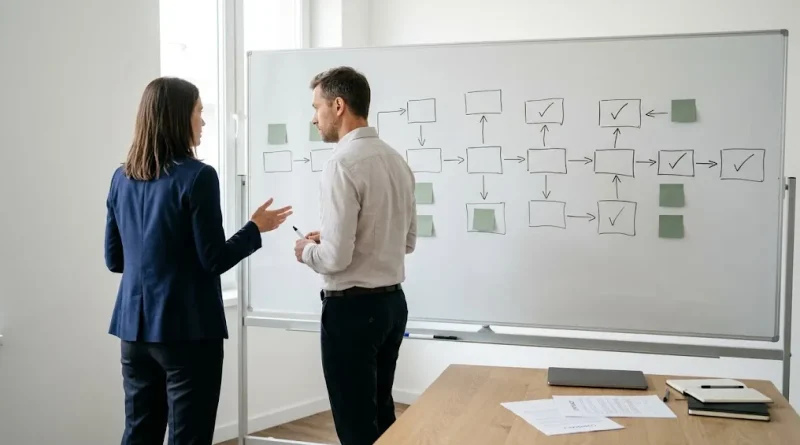 Socios de una empresa uruguaya planifican en una pizarra los pasos legales y contables para expandir una empresa uruguaya a la región