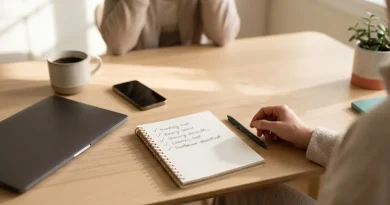 Persona repasa una lista de financieras para préstamos personales en una libreta junto a una laptop cerrada, un teléfono y una taza sobre la mesa