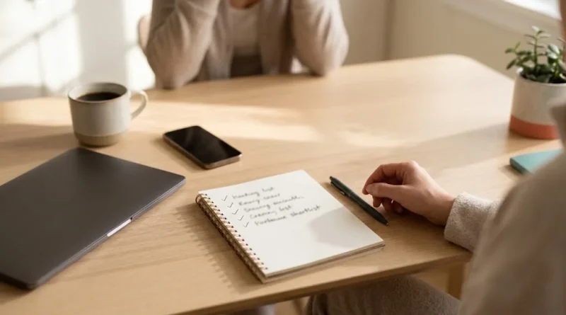 Persona repasa una lista de financieras para préstamos personales en una libreta junto a una laptop cerrada, un teléfono y una taza sobre la mesa