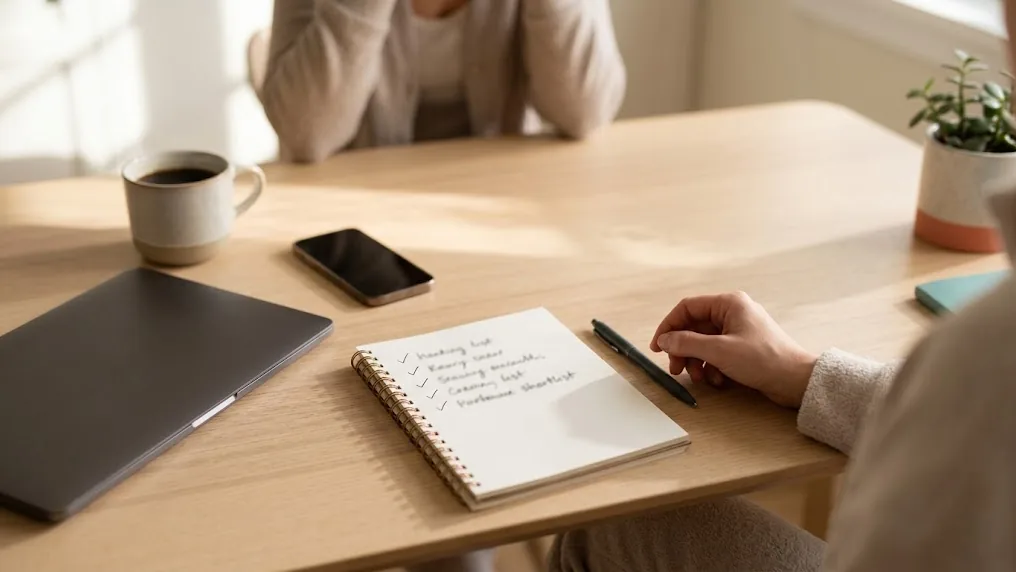 Persona repasa una lista de financieras para préstamos personales en una libreta junto a una laptop cerrada, un teléfono y una taza sobre la mesa
