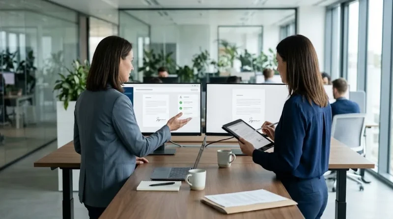 Dos ejecutivas comparan en pantallas dos plataformas de firma electrónica para empresas en LATAM durante una reunión de oficina