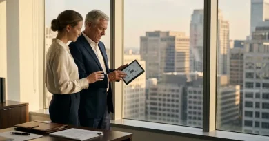 Empresario y su hija revisan en una tablet el mapa de activos familiares, escena sobre cómo se organizan los grandes patrimonios de la región