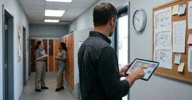 Encargado de un local revisa el horario de turnos en una tablet mientras señala un puesto sin cubrir, ilustrando las incidencias operativas del día