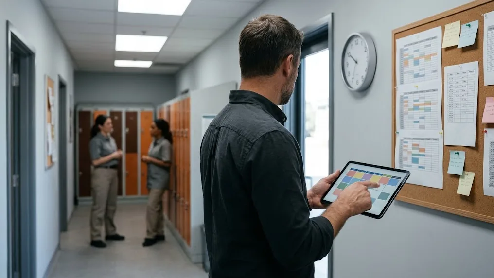 Encargado de un local revisa el horario de turnos en una tablet mientras señala un puesto sin cubrir, ilustrando las incidencias operativas del día