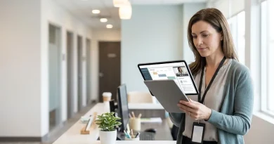 Administradora de una clínica revisa en una tablet la agenda, la videoconsulta y la historia clínica de una plataforma de telemedicina integrada