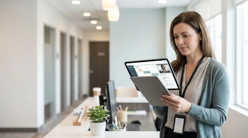 Administradora de una clínica revisa en una tablet la agenda, la videoconsulta y la historia clínica de una plataforma de telemedicina integrada