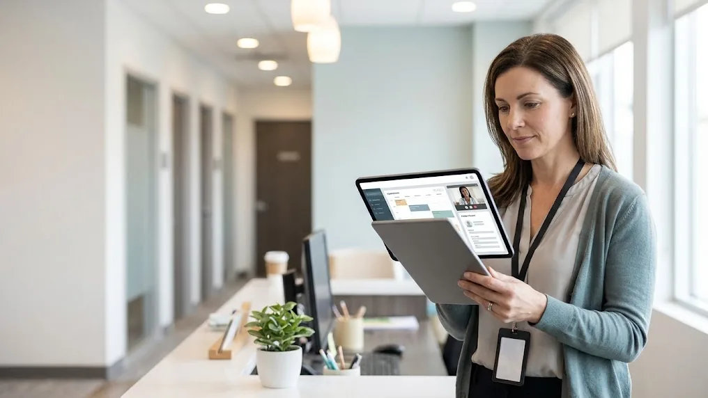 Administradora de una clínica revisa en una tablet la agenda, la videoconsulta y la historia clínica de una plataforma de telemedicina integrada