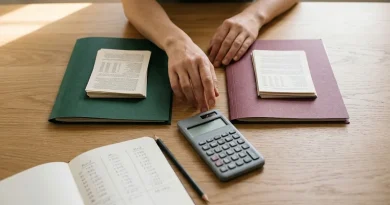 Ahorrista compara en su escritorio un plazo fijo o letras del BCU con dos carpetas, una calculadora y anotaciones de tasas y plazos