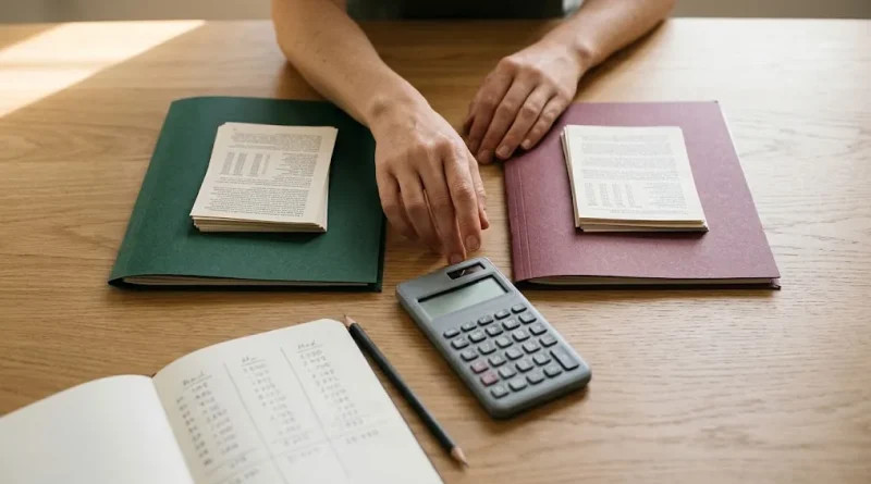 Ahorrista compara en su escritorio un plazo fijo o letras del BCU con dos carpetas, una calculadora y anotaciones de tasas y plazos