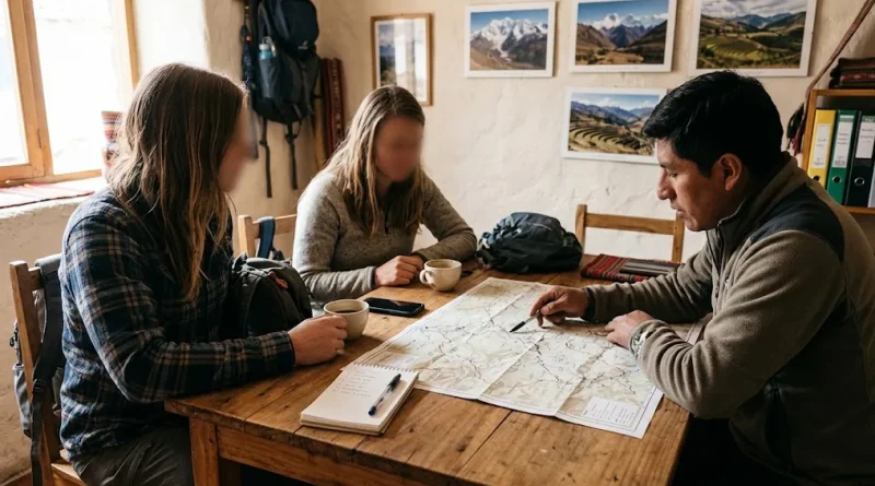 Viajeros revisan un mapa de rutas y una lista de preguntas con un asesor en una oficina de turismo de Cusco antes de reservar un trekking