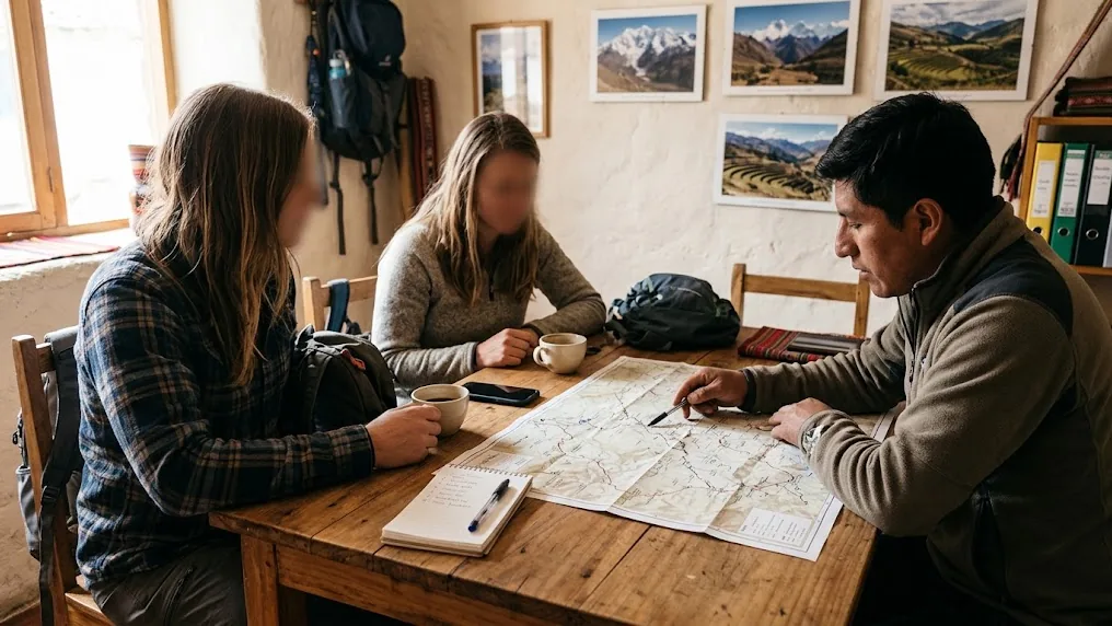 Viajeros revisan un mapa de rutas y una lista de preguntas con un asesor en una oficina de turismo de Cusco antes de reservar un trekking