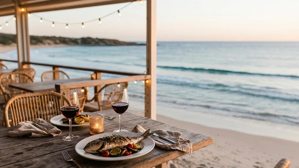 Mesa con pescado a la parrilla y copas de vino al atardecer, frente al mar, en uno de los restaurantes imperdibles en Punta del Este