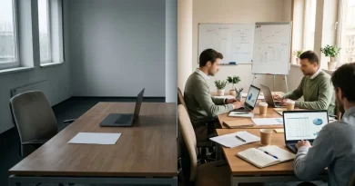 Oficina pequeña con empleados trabajando junto a un escritorio vacío, imagen que contrasta una sociedad con sustancia económica y una de papel