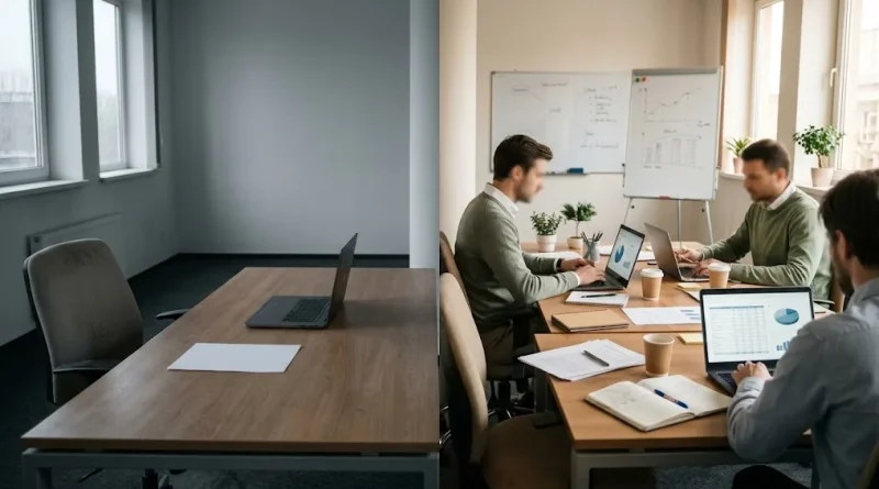 Oficina pequeña con empleados trabajando junto a un escritorio vacío, imagen que contrasta una sociedad con sustancia económica y una de papel