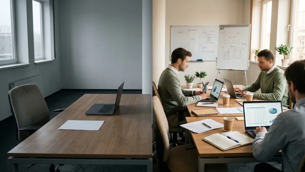 Oficina pequeña con empleados trabajando junto a un escritorio vacío, imagen que contrasta una sociedad con sustancia económica y una de papel