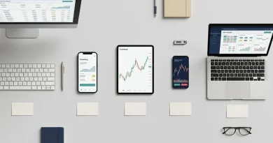Cinco dispositivos sobre una mesa muestran plataformas distintas de bolsa, forex y criptomonedas que ilustran los tipos de bróker más comunes