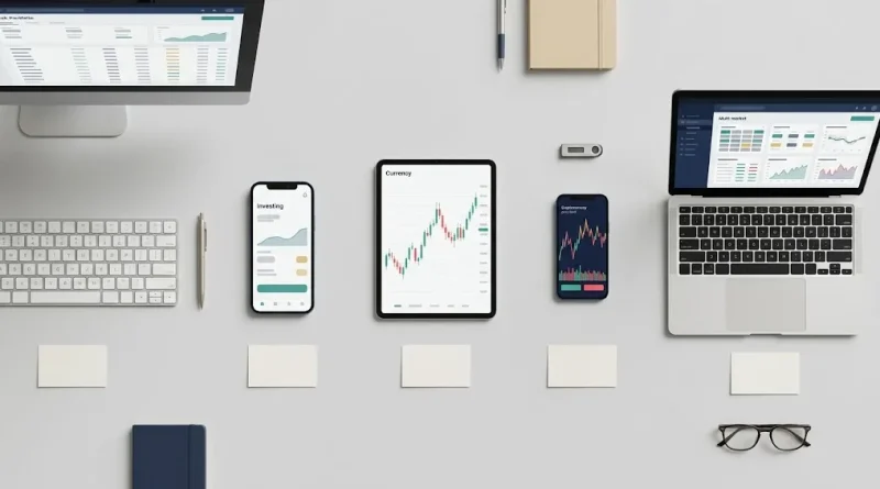 Cinco dispositivos sobre una mesa muestran plataformas distintas de bolsa, forex y criptomonedas que ilustran los tipos de bróker más comunes