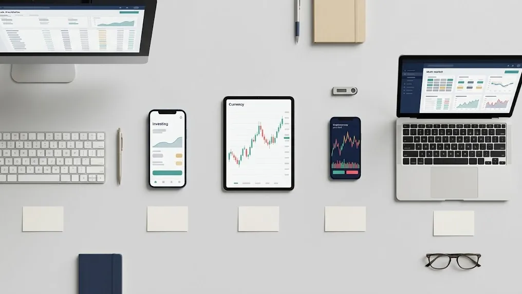 Cinco dispositivos sobre una mesa muestran plataformas distintas de bolsa, forex y criptomonedas que ilustran los tipos de bróker más comunes