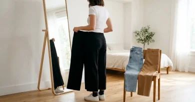 Mujer frente a un espejo de cuerpo entero comparando un pantalón wide leg, un mom jean y un sastrero doblados sobre una silla de madera