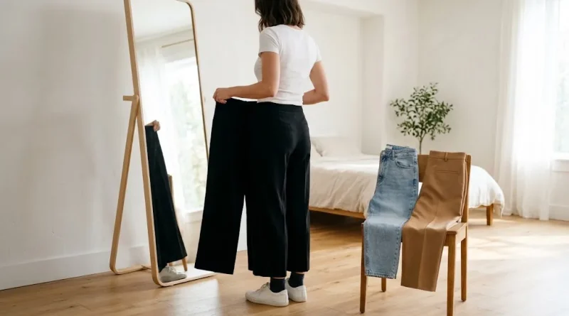 Mujer frente a un espejo de cuerpo entero comparando un pantalón wide leg, un mom jean y un sastrero doblados sobre una silla de madera