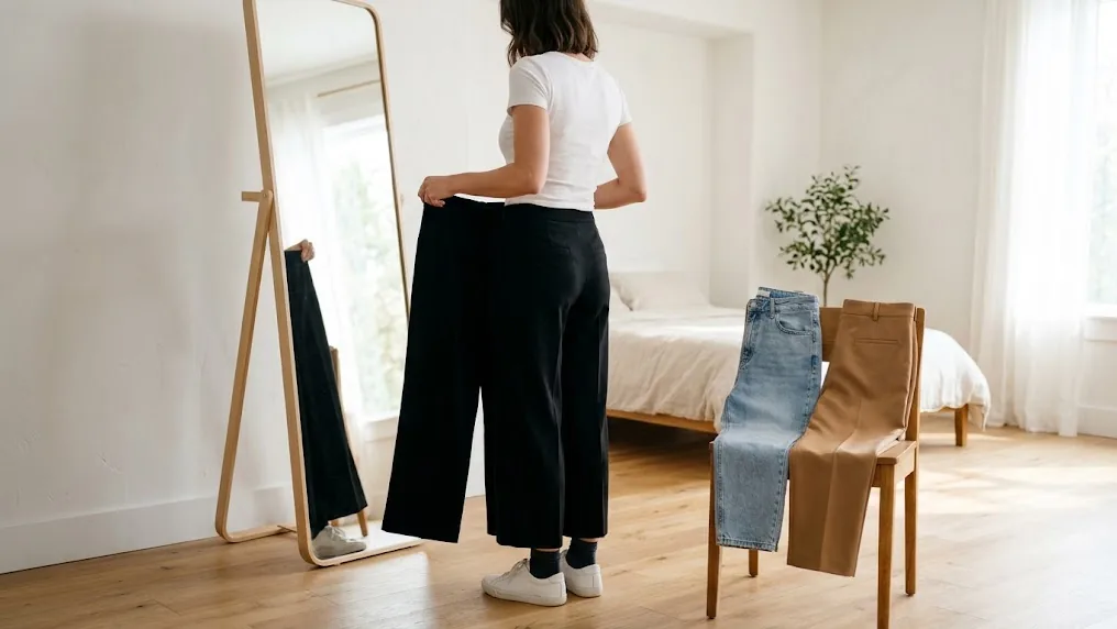 Mujer frente a un espejo de cuerpo entero comparando un pantalón wide leg, un mom jean y un sastrero doblados sobre una silla de madera